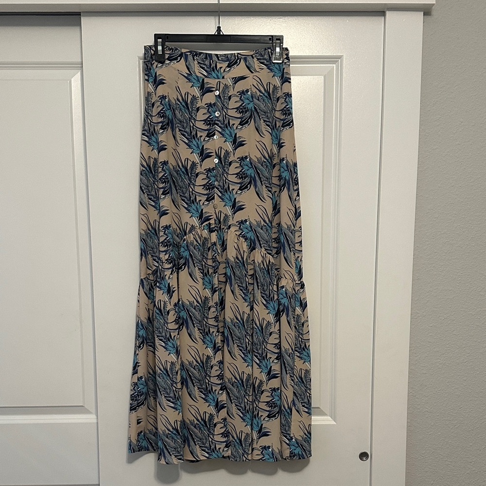 Veronica M Blue and Tan Leaf Print Maxi Skirt